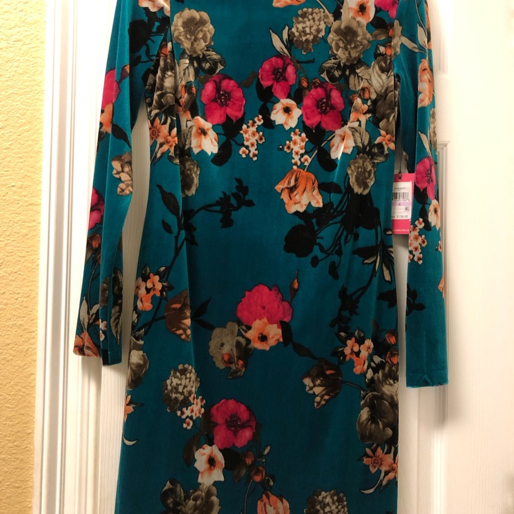 Vince Camuto Teal Floral Velvet Long Sleeve Dress